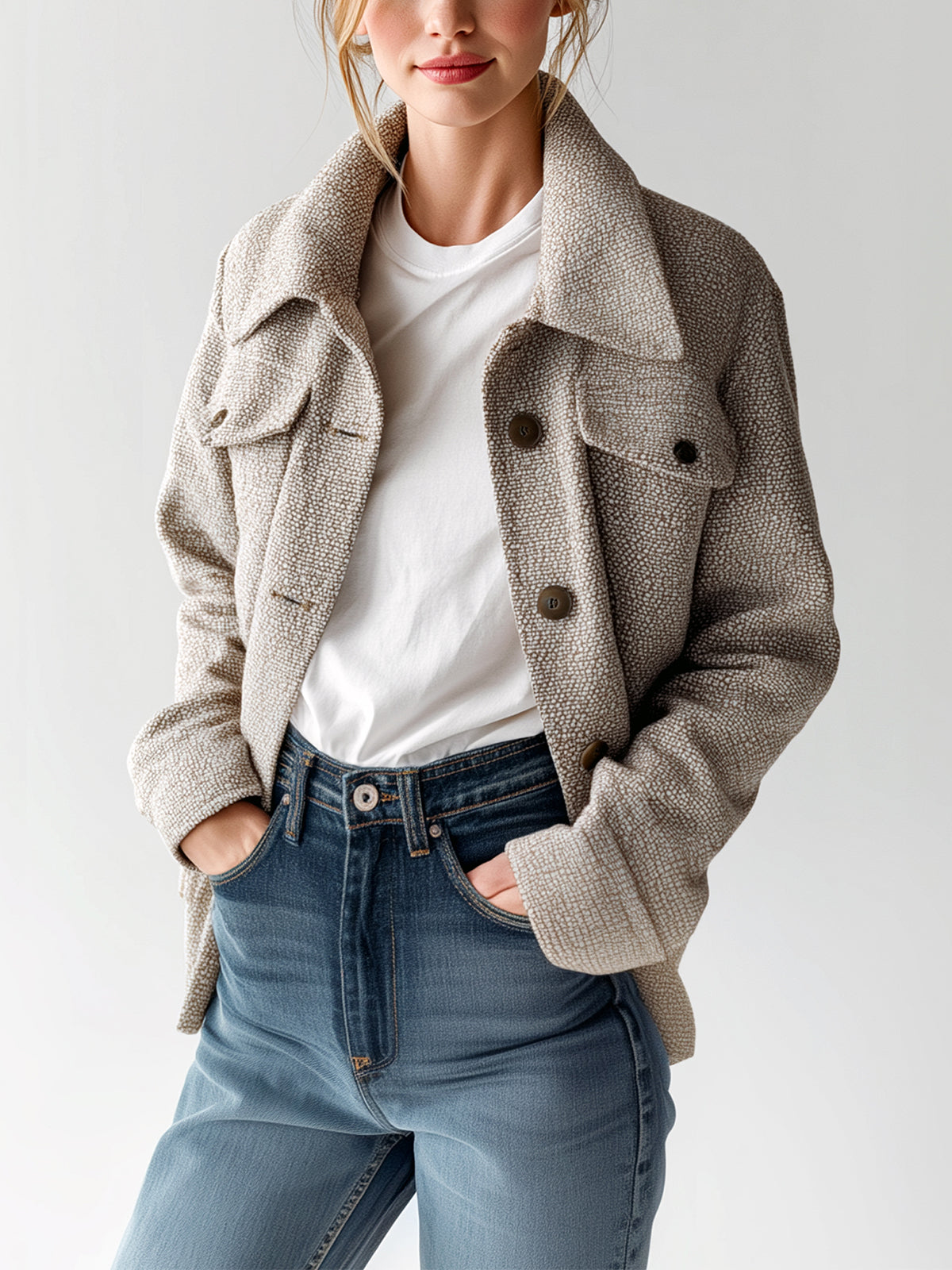 ElevenOra Chic Vintage Light Brown Tweed Lapel Single-Breasted Chest Pocket Slim Fit Jacket