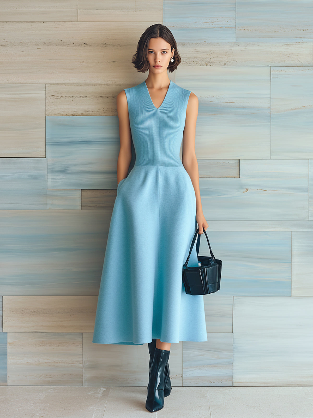 ElevenOra Chic Vintage Light Blue V-Neck Sleeveless Tailored Waist Flared Hem Ribbed Knit Midi Dress