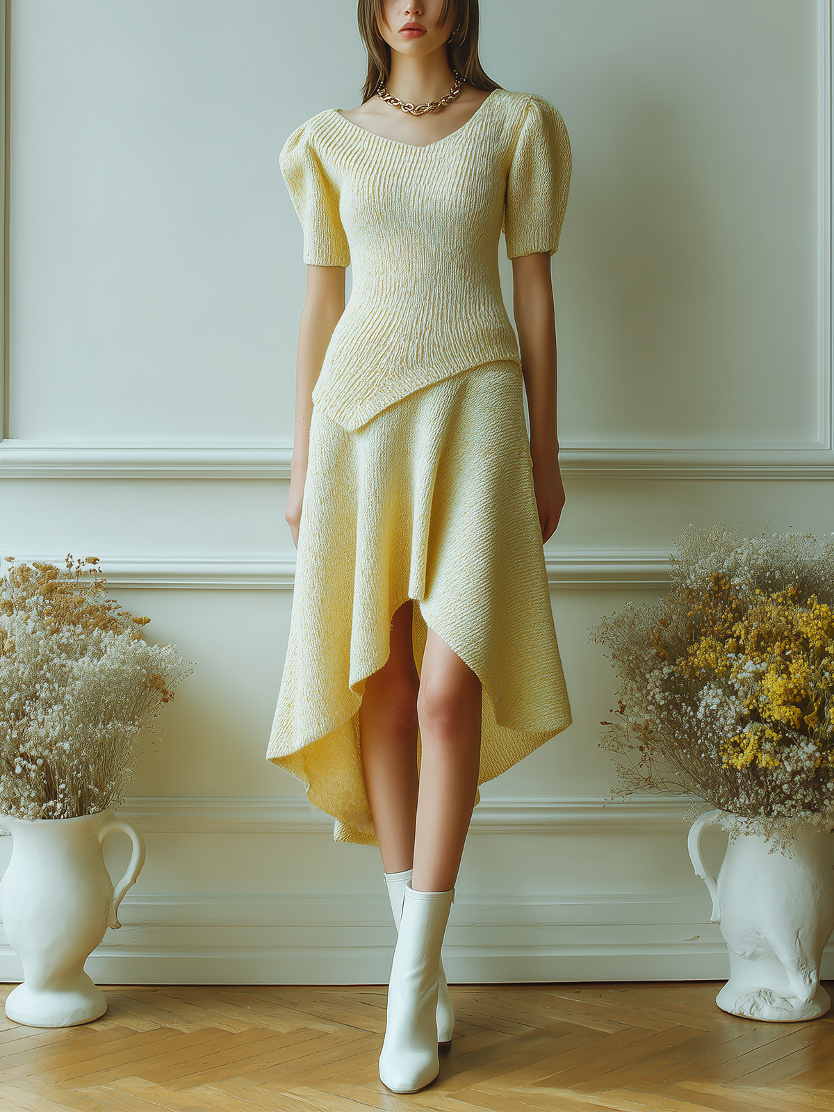 ElevenOra Chic Vintage Light Yellow Crew-Neck Short Puff Sleeve Top Irregular A-line Maxi Skirt Knit Two-Piece Set