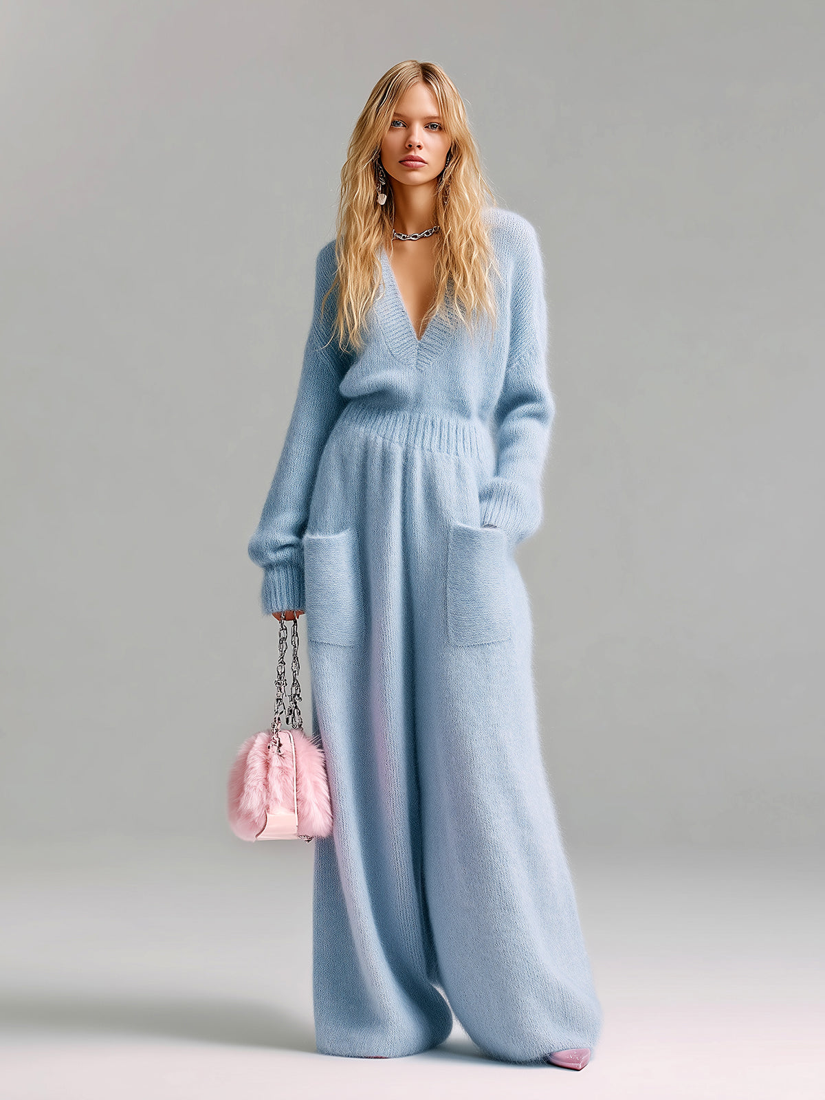 ElevenOra Chic Elegant Baby Blue Deep V-Neck Long Sleeve Patch Pocket Oversized Fuzzy Knit Wide-Leg Jumpsuit