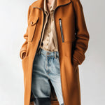 ElevenOra Chic Caramel Collared Zip-Up Multi-Pocket Mid-Length Sophisticated Statement Coat