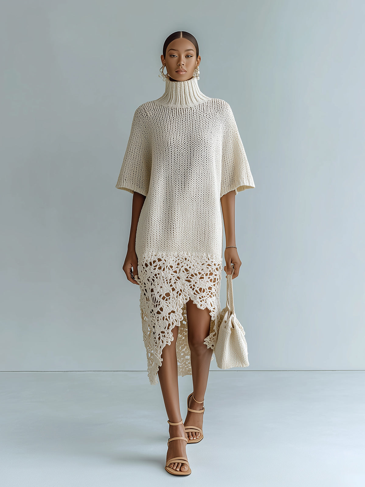 ElevenOra Chic Elegant Beige Turtle Neck Short-Sleeve Patchwork Irregular Lace Hem Relaxed-Fit Knit Midi Dress