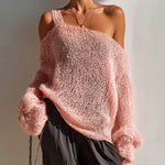 ElevenOra Chic Casual Pink One-Shoulder Long-Sleeve Oversize Hollow Out Knit Sweater Top