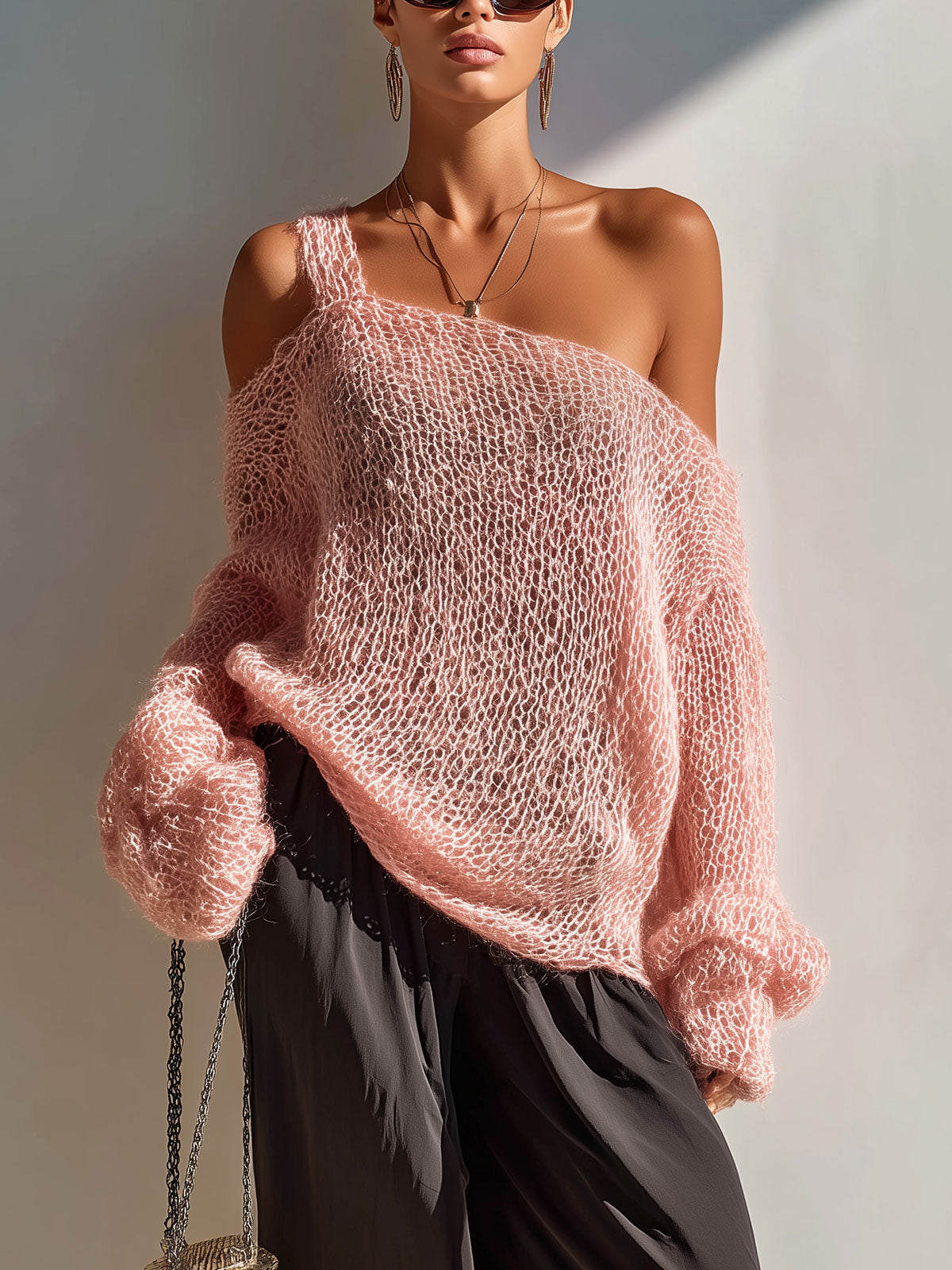 ElevenOra Chic Casual Pink One-Shoulder Long-Sleeve Oversize Hollow Out Knit Sweater Top