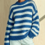 ElevenOra Chic Casual White Blue Stripes Round Neck Long Sleeve Oversize Mohair Knit Sweater Top