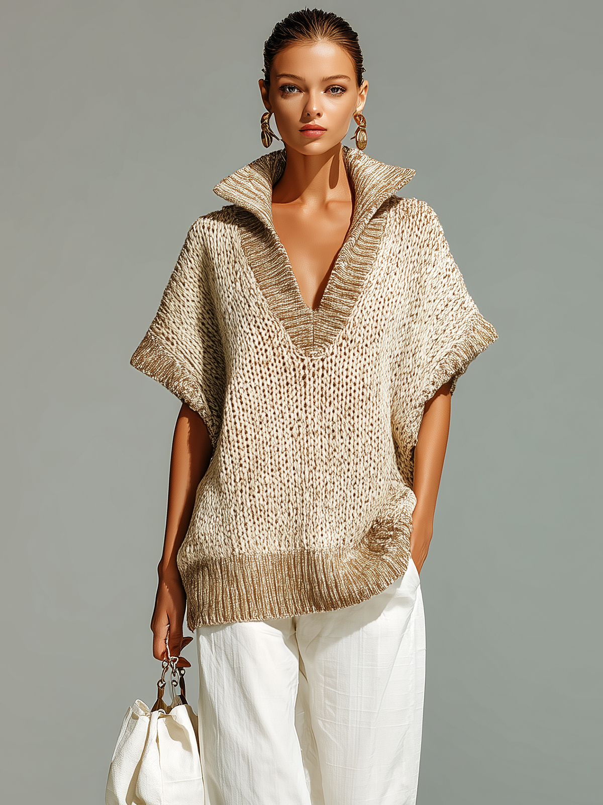 ElevenOra Fashion Casual Beige Stand-Collar Colorblock Loose Sleeveless Knit Vest