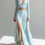 ElevenOra Stylish Baby Blue Zip-up Lapel Collar Belted Tailored Waist Hem Slit Long Sleeve Knit Maxi Dress
