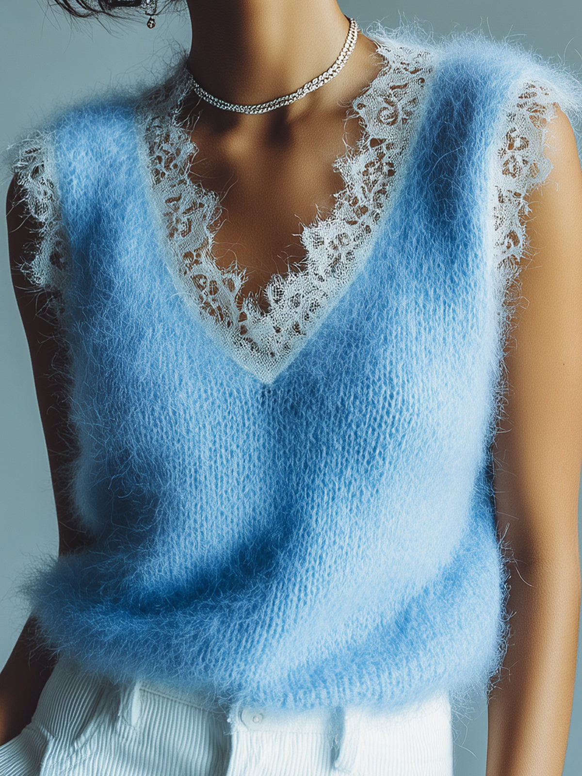 ElevenOra Chic Vintage Blue V-Neck Lace Trim Details Sleeveless Loose-Fit Fuzzy Knit Tank Top