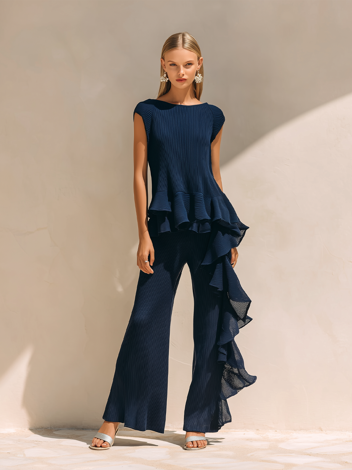 ElevenOra Chic Elegant Deep Blue Ruffles Round-Neck Cap Sleeve Loose Tops Wide-Leg Ruffles Pants Rib Knit Two-Piece Set