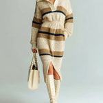 ElevenOra Chic Elegant Light Khaki Contrast Stripes Lapel V-Neck Elastic Wasit Long Sleeve Slit Knit Midi Dress