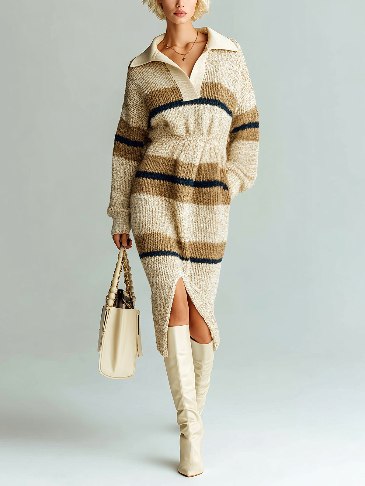 ElevenOra Chic Elegant Light Khaki Contrast Stripes Lapel V-Neck Elastic Wasit Long Sleeve Slit Knit Midi Dress