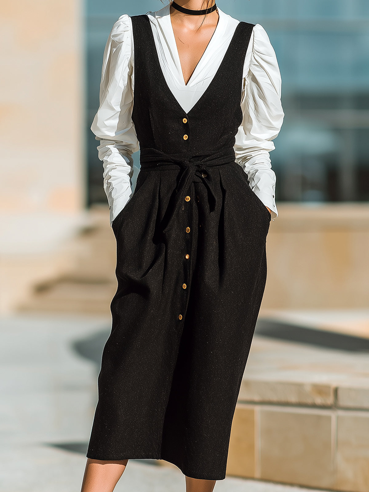 ElevenOra Chic Casual Black Wool Blend V-Neck Button-Front Belted Pinafore Bodycon Midi Dress