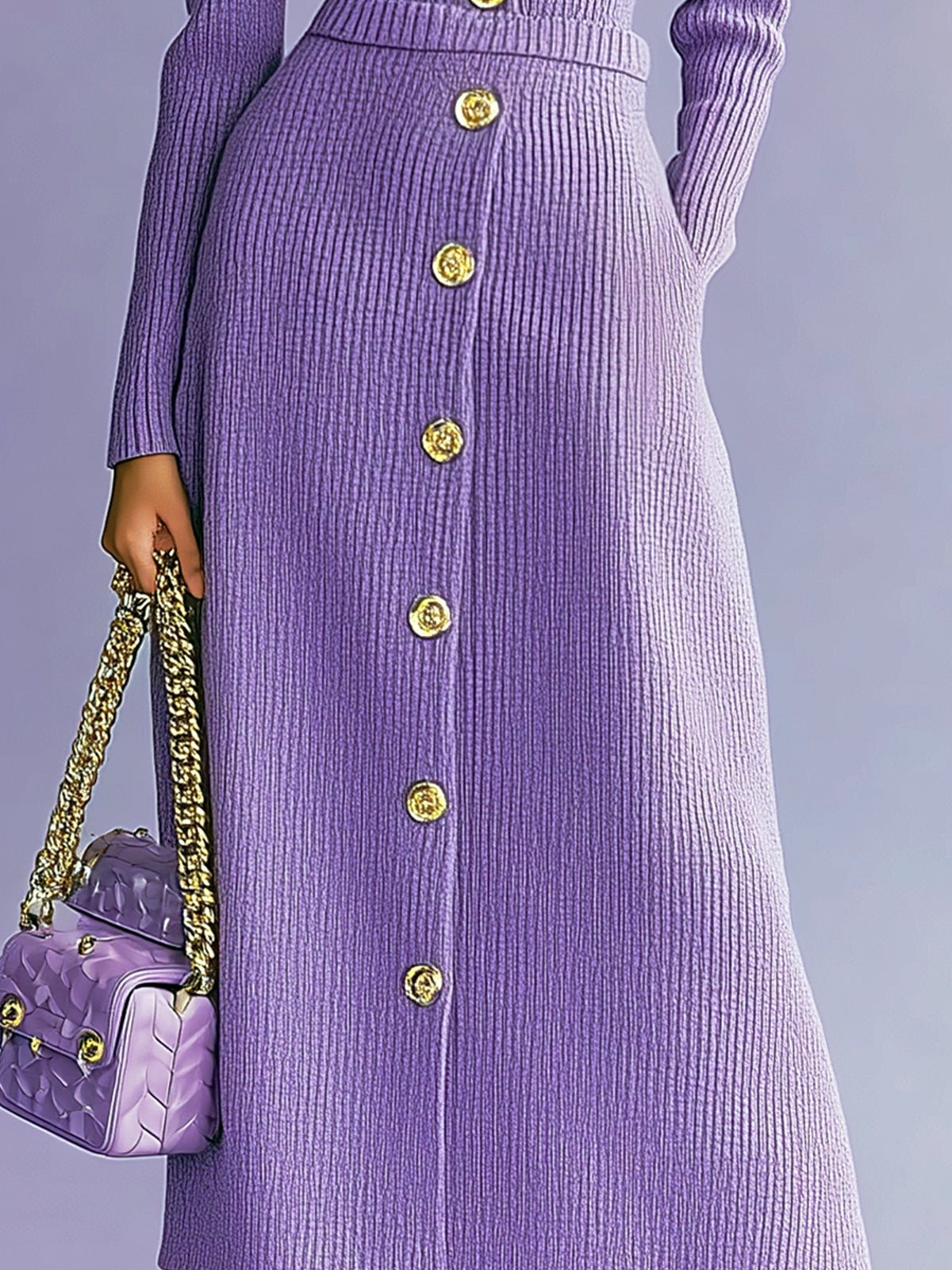 ElevenOra Vintage Elegant Turtleneck Button Detail Long Sleeve Pullover Sweater Elastic Waist Maxi Skirt Two-piece Set