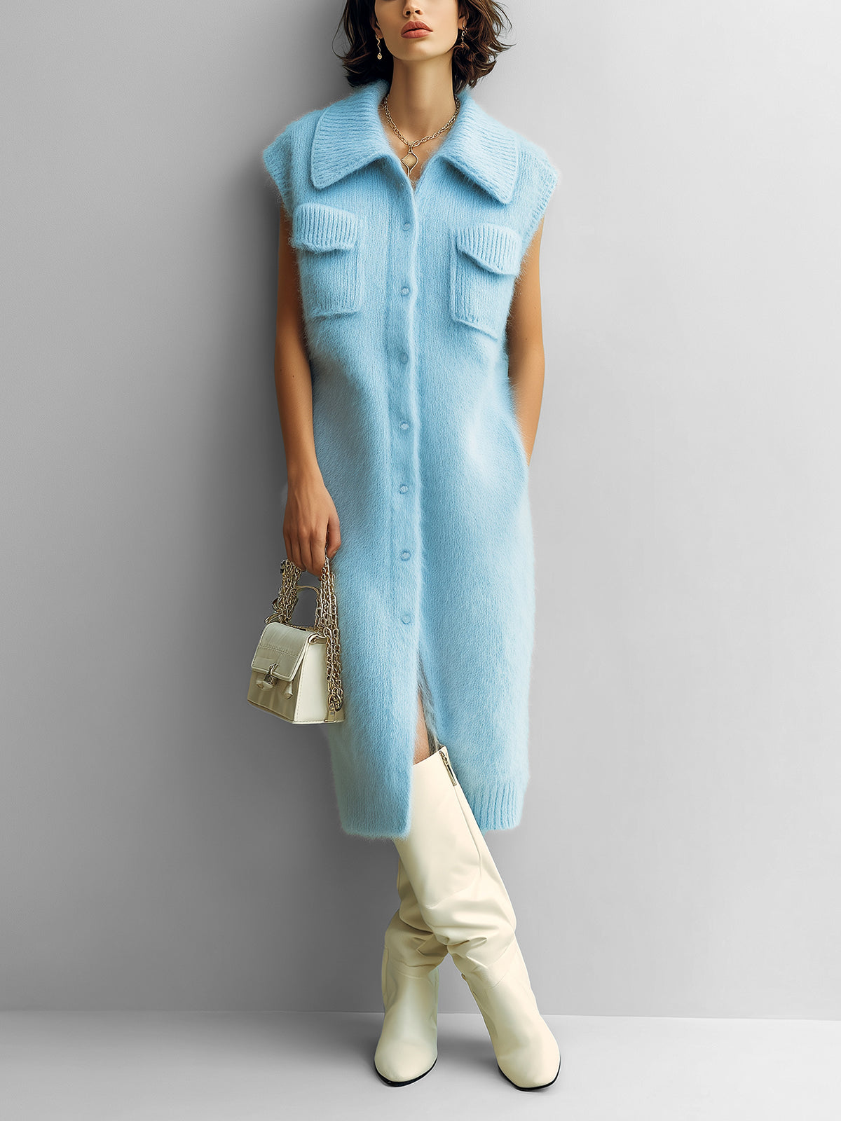 ElevenOra Chic Vintage Blue Lapel Single-Breasted Sleeveless Oversize Multi-Pocket Details Fuzzy Knit Midi Dress