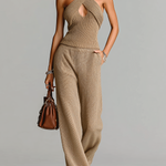 ElevenOra Stylish Elegant Camel Cross-neck Sleeveless  Tank Top Loose Wide-leg Pants A Ribbed Knit Two-piece Set