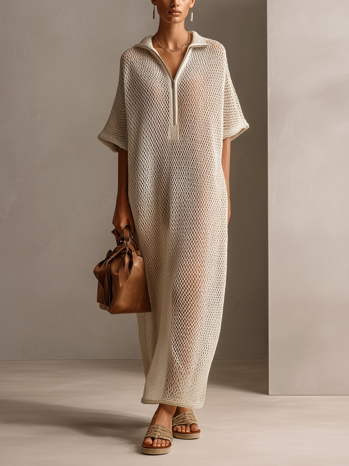 ElevenOra Chic Elegant Beige Zipper-Up Lapel Collar Short-Sleeve Oversize Hollow Out Knit Maxi Dress