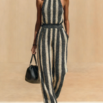 ElevenOra Chic Elegant Black-Beige Striped Mock-Neck Sleeveless Slim Fit Wide-Leg Ribbed Knit Jumpsuit