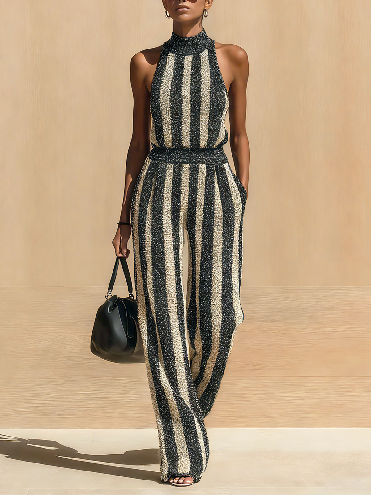 ElevenOra Chic Elegant Black-Beige Striped Mock-Neck Sleeveless Slim Fit Wide-Leg Ribbed Knit Jumpsuit