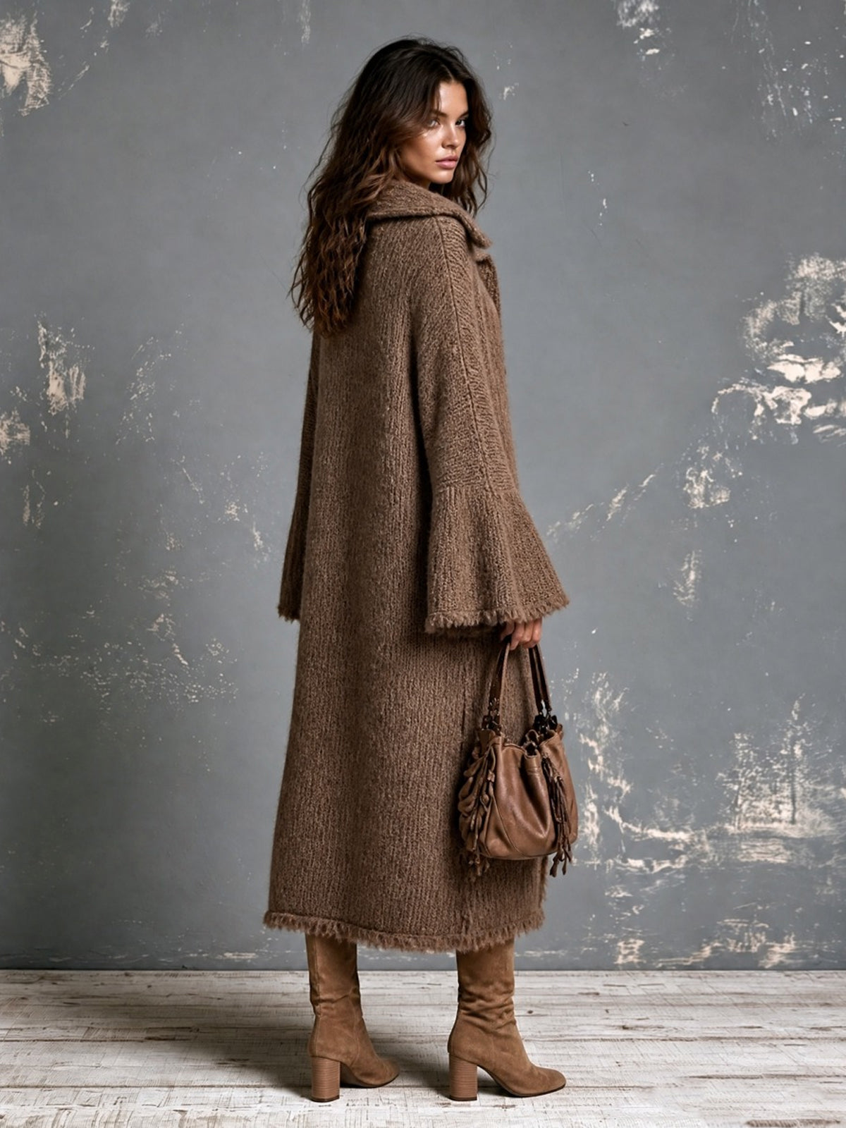 ElevenOra Chic Elegant Brown Lapel-Collar Single-Breasted Long-Flare-Sleeve Raw Edge Detail Side-Slit Loose-Fit Wool Blend Knit Maxi Dress