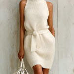 ElevenOra Chic Casual White Mock Neck Sleeveless Loose Tie Waist Knit Midi Dress