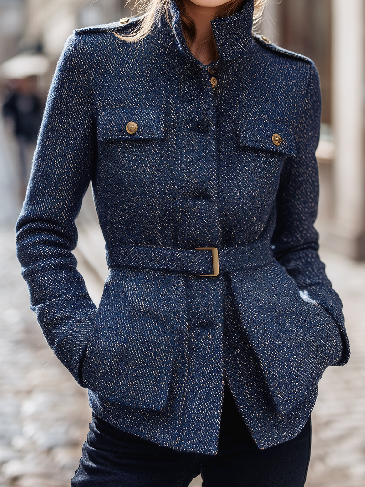 ElevenOra Chic Vintage Twill Wool Blend Stand Collar Single-Breasted Multi-Pocket Belted Safari Jacket