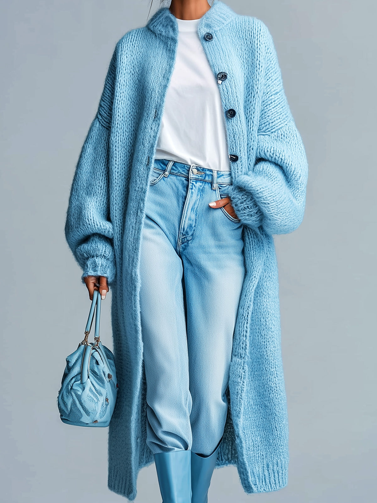 ElevenOra Chic Casual Light Blue Lapel Single-Breasted Lantern Sleeve Maxi-Length Slouchy Knit Cardigan