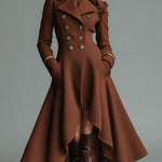 ElevenOra Vintage Wool Blend Lapel Double-Breasted Tailored Waist Asymmetrical Flared Hem Long Coat