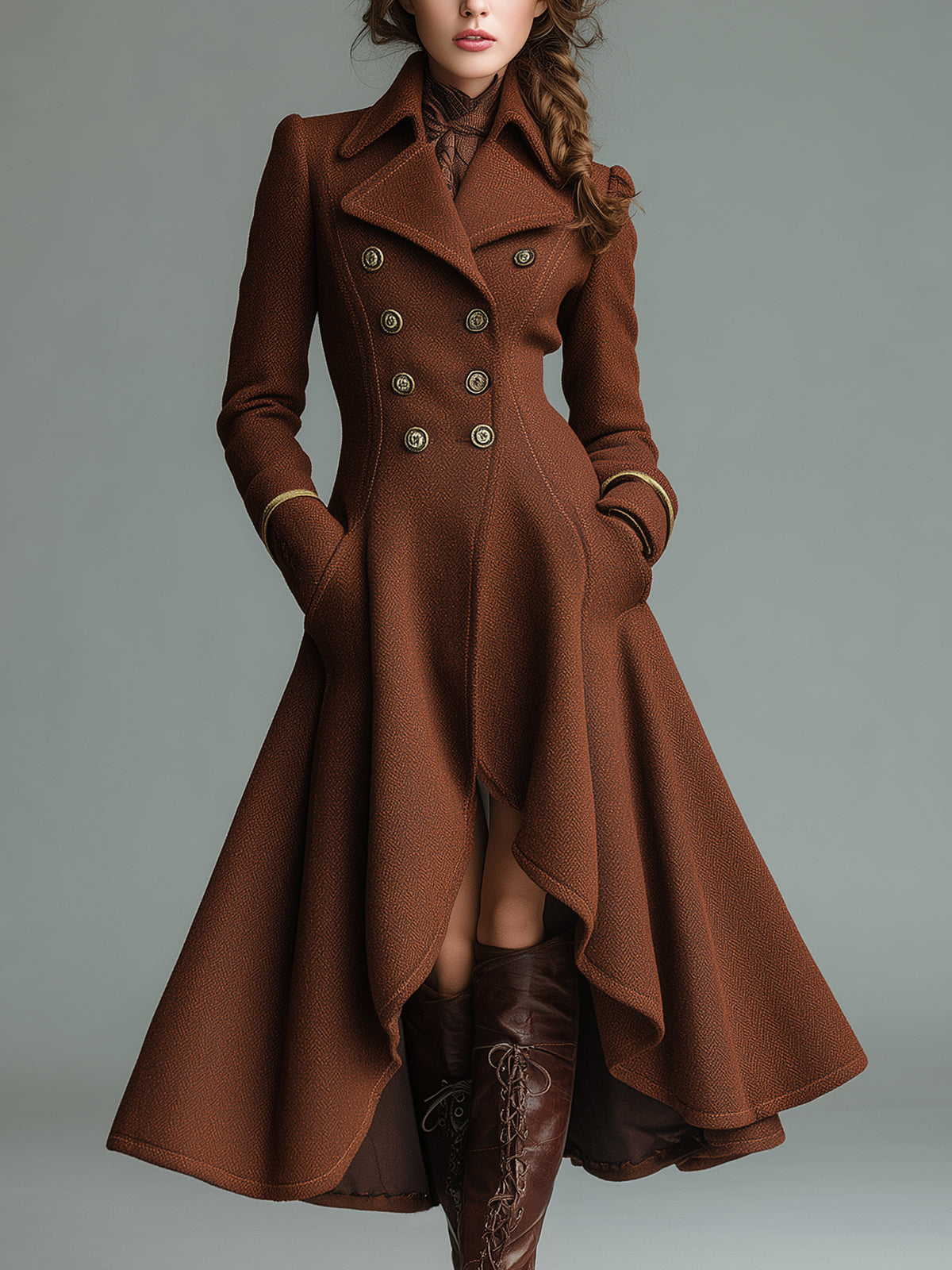ElevenOra Vintage Wool Blend Lapel Double-Breasted Tailored Waist Asymmetrical Flared Hem Long Coat