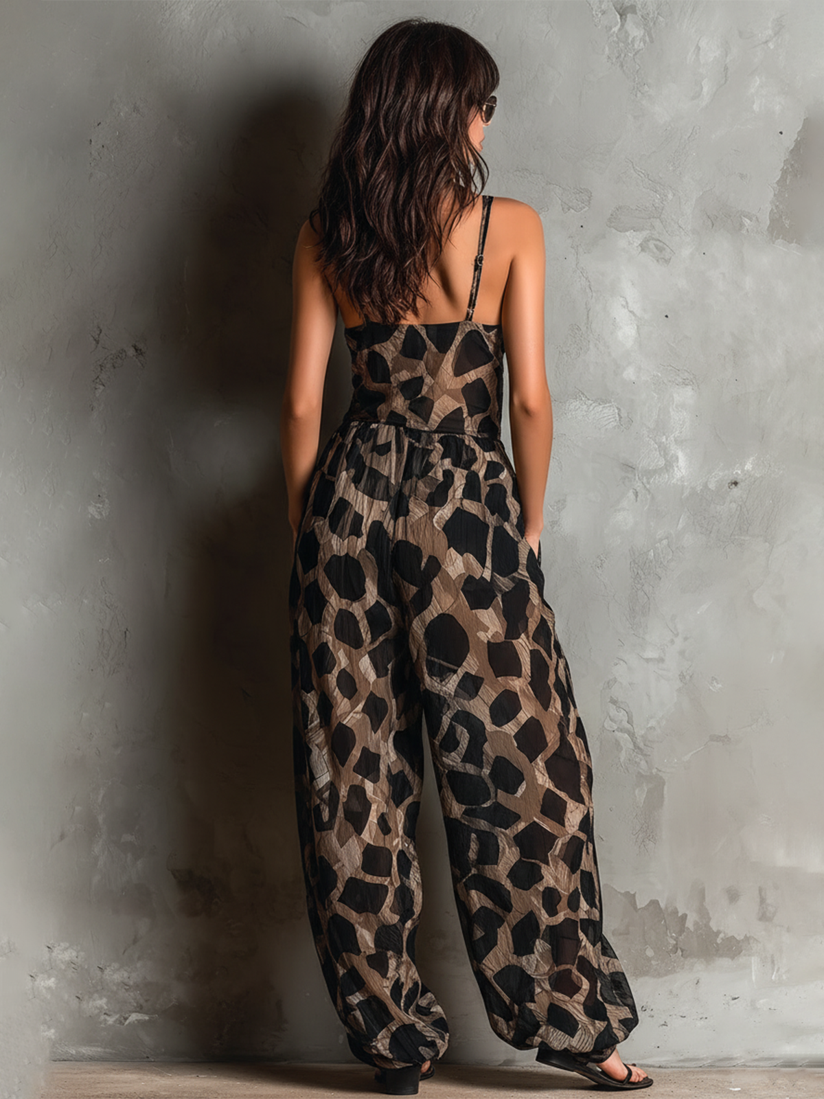 ElevenOra Chic Elegant Black-Beige Animal Print Spaghetti Straps V-Neck Front Tie Knot Waist Sleeveless Loose-Fit Chiffon Wide-Leg Jumpsuit