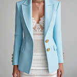 ElevenOra Chic Vintage Baby Blue Peaked Lapel Metal Button Single-Breasted Tailored Blazer