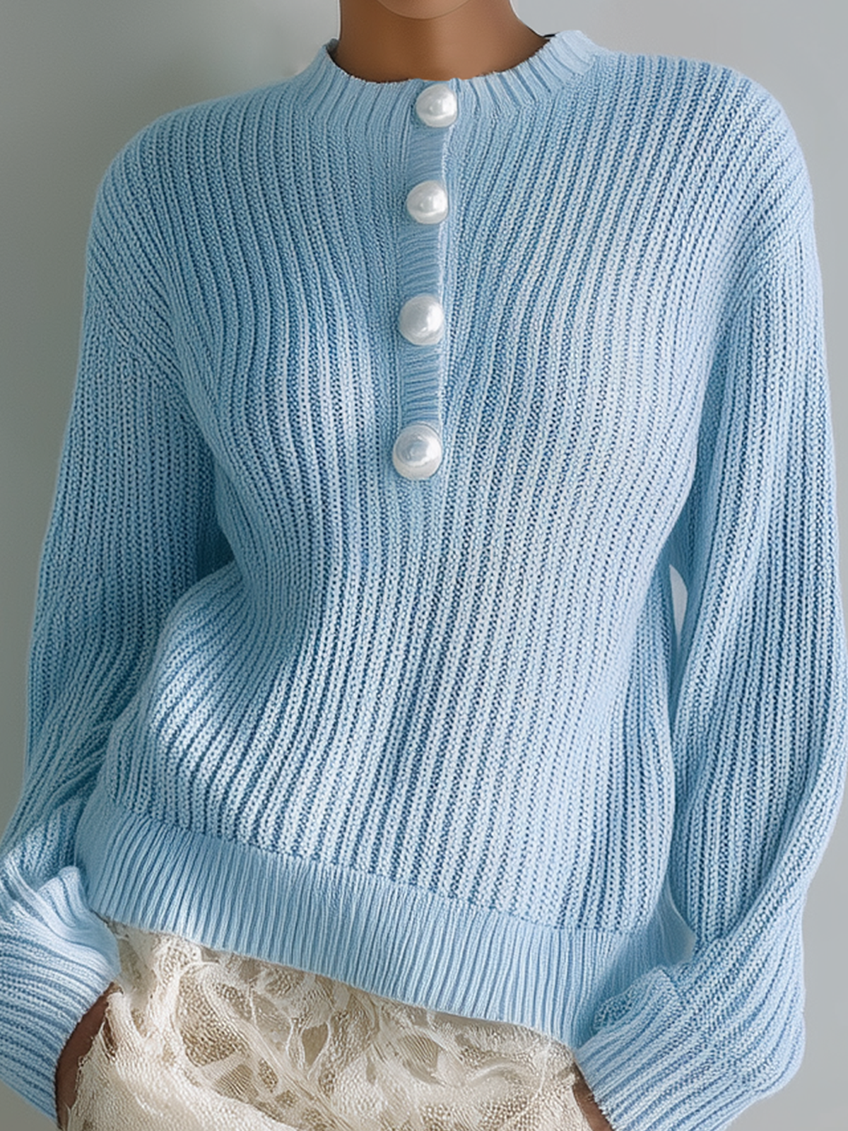 ElevenOra Chic Casual Blue Round Collar Pearl Button Loose Long-sleeve Knit Pullover Sweater