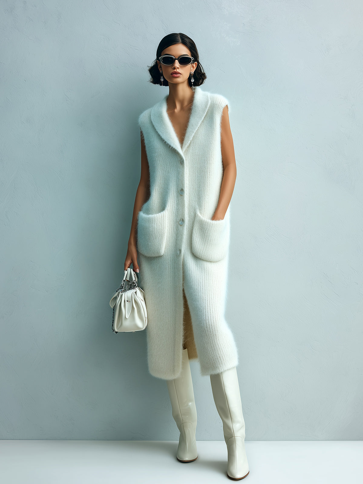 ElevenOra Chic Elegant Cream White Shawl Collar Single-Breasted Sleeveless Patch Pocket Oversize Fuzzy Knit Midi Dress