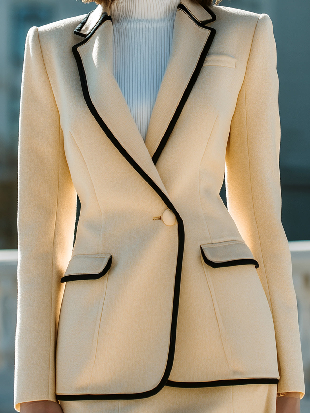 ElevenOra Vintage Elegant Wool Blend Notched Collar Single Breasted Contrast Trim Tailored Waist Blazer