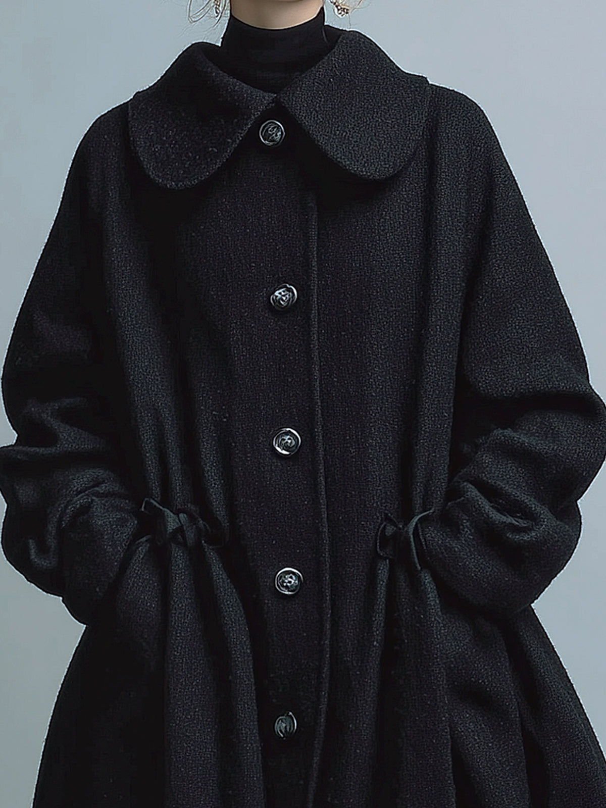 ElevenOra Vintage Wool Blend Peter Pan Collar Single-Breasted Drawstring Waist A-Line Silhouette Mid-Length Coat