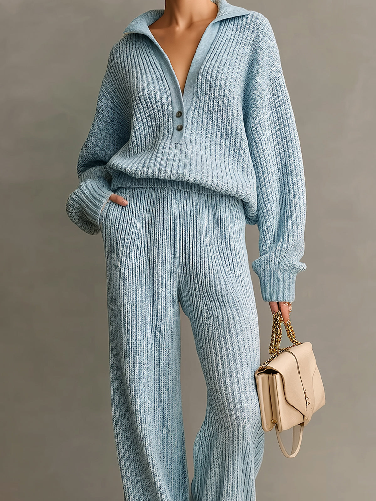 ElevenOra Chic Elegant Blue Lapel V-Neck Button Details Long Sleeve Oversize Sweater Wide-Leg Pants Ribbed Knit Two-Piece Set