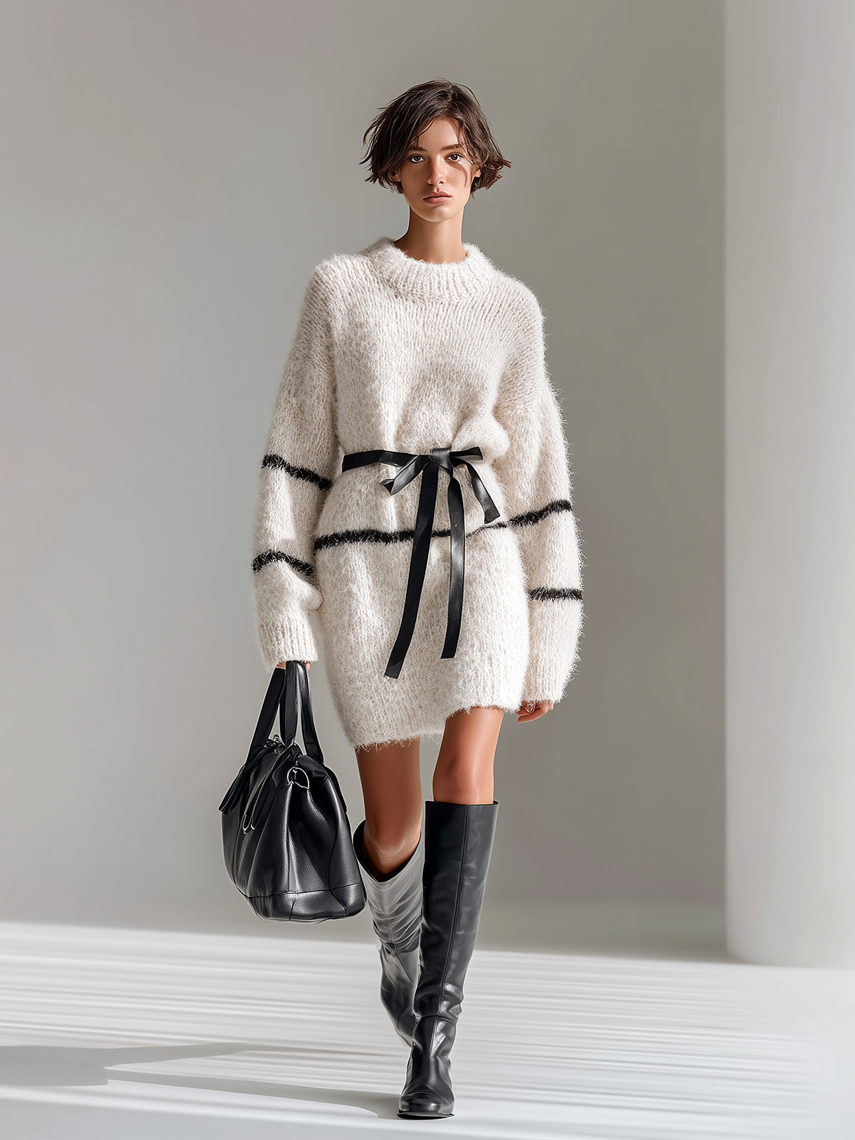 ElevenOra Chic Casual Cream White Striped Round Neck Long Sleeve Belted Oversized Fuzzy Knit Mini Dress