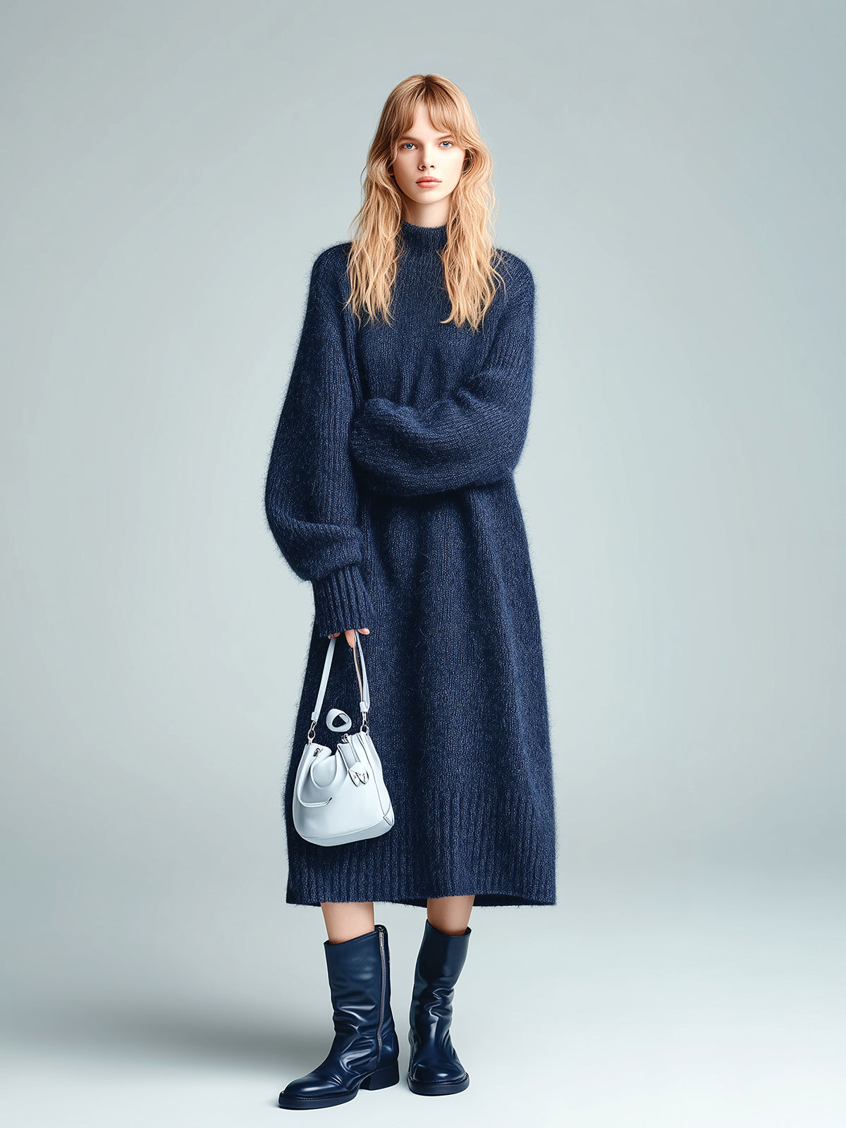 ElevenOra Chic Elegant Navy Blue Mock Neck Long Sleeve Oversized Ribbed Knit Midi Dress