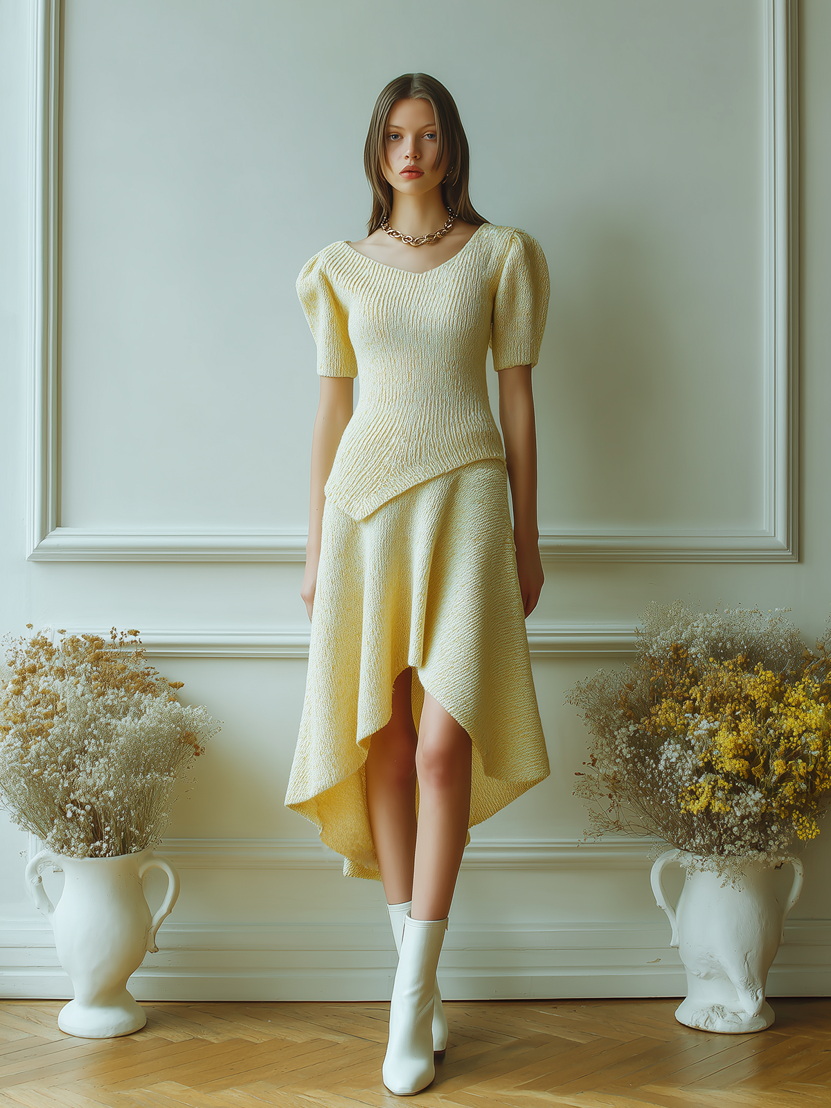 ElevenOra Chic Vintage Light Yellow Crew-Neck Short Puff Sleeve Top Irregular A-line Maxi Skirt Knit Two-Piece Set