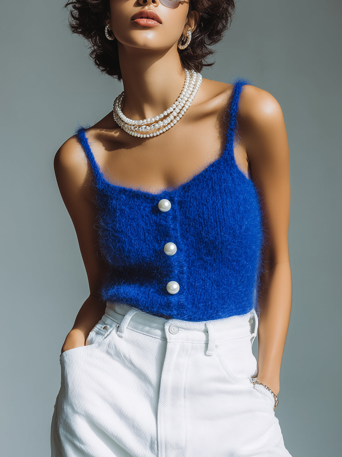 ElevenOra Chic Vintage Square Neck Pearl Button-Front Thin Strap Slim-Fit Knit Camisole