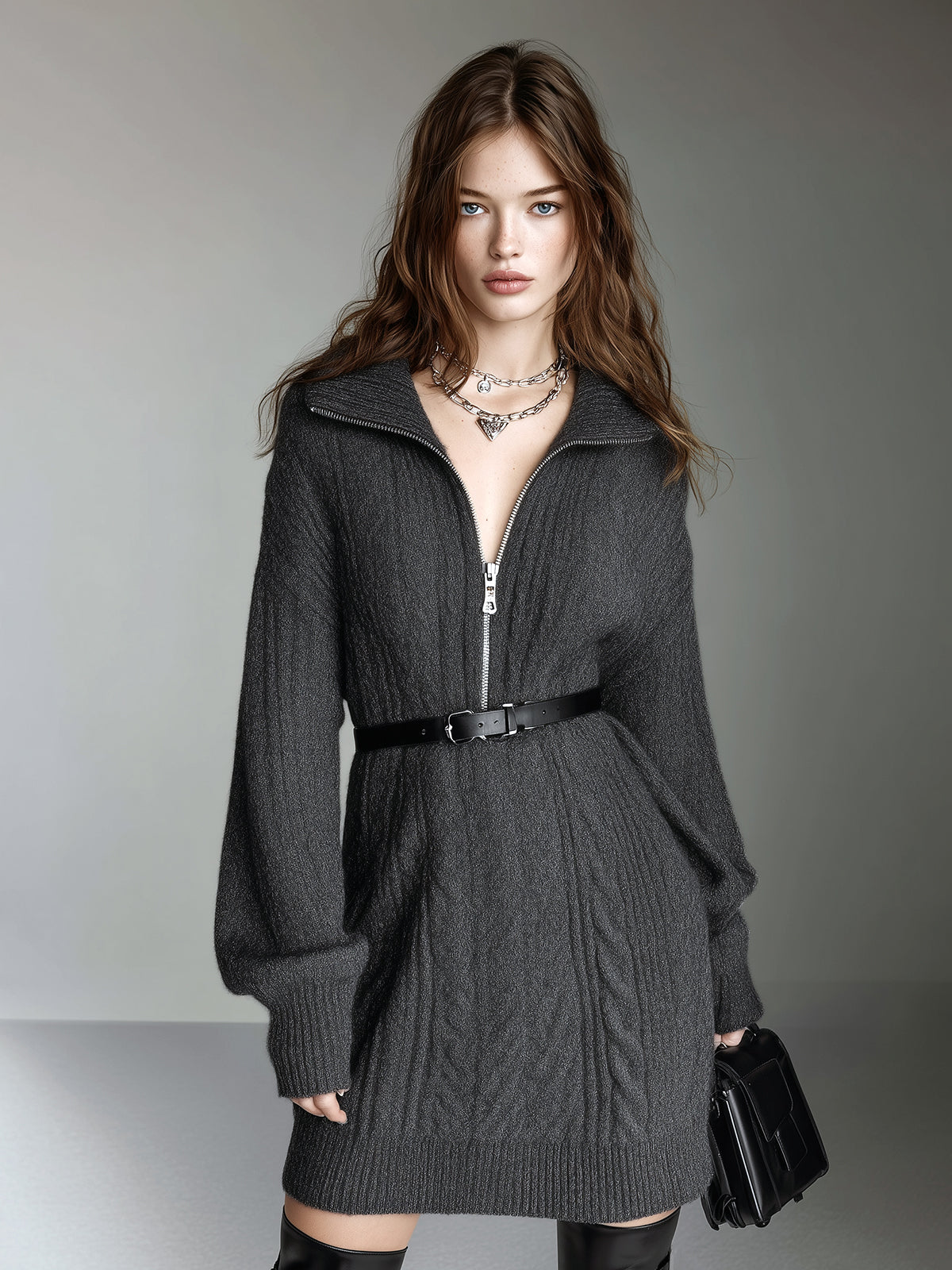 ElevenOra Chic Casual Cable Knit Zip-Up Collar Oversized Belted Long Sleeve Sweater Dress