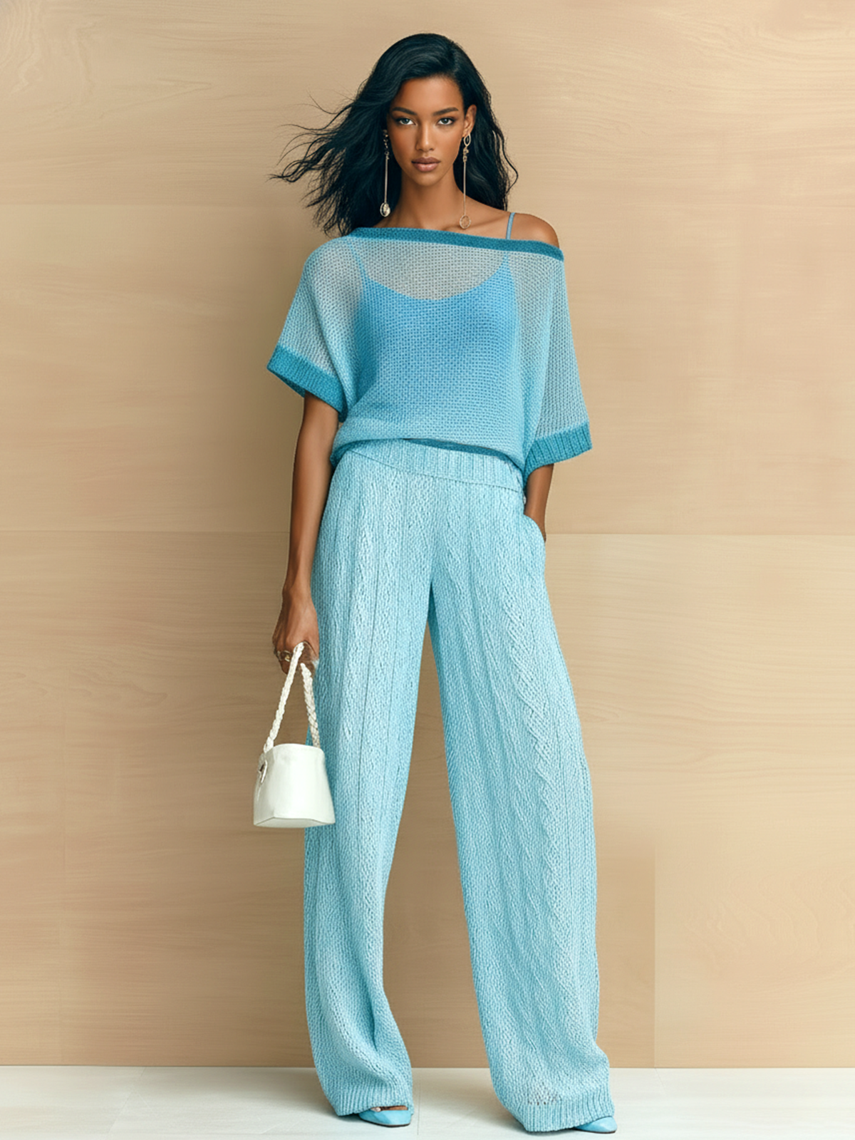 ElevenOra Chic Elegant Blue Colorblock One-Shoulder Short-Sleeve Loose Sweater Top Cable Wide-Leg Pants Ribbed Knit Two-Piece Set