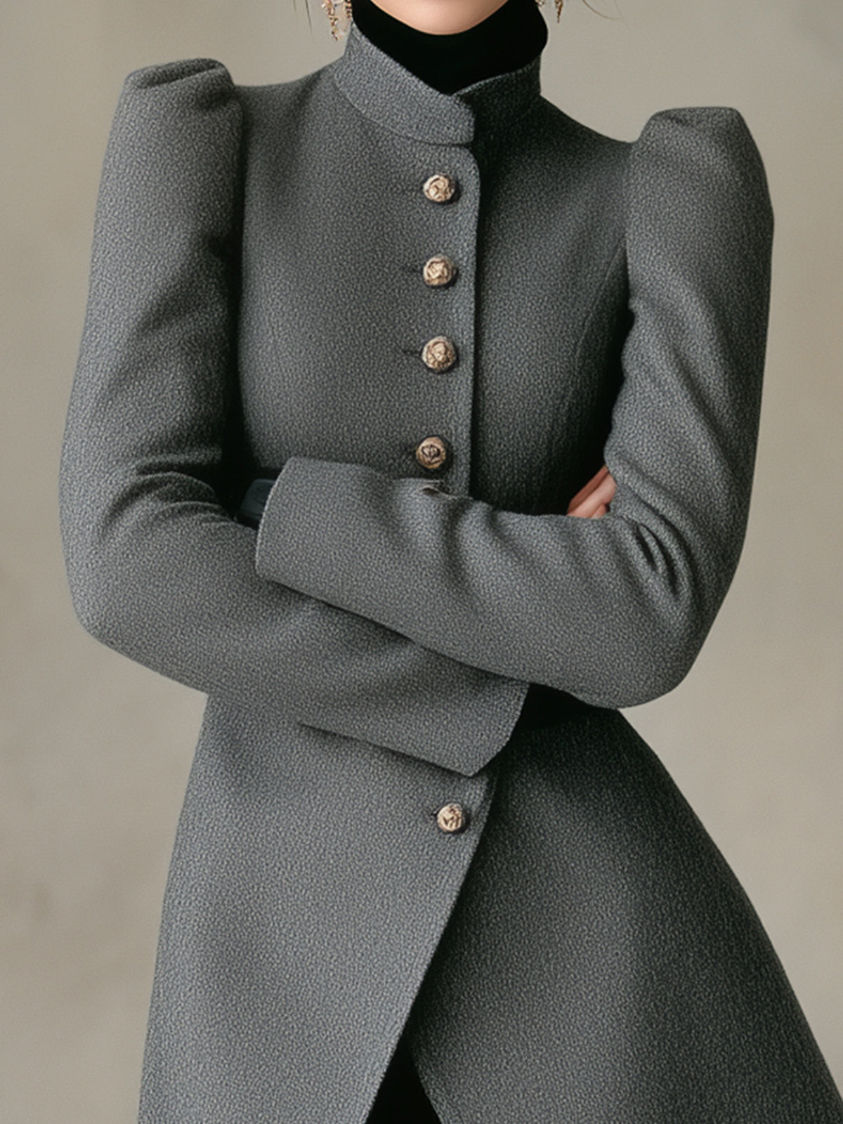 ElevenOra Stylish Gray Wool Blend Stand Collar Puff Sleeves Single-breasted A-line Silhouette Mid-length Coat