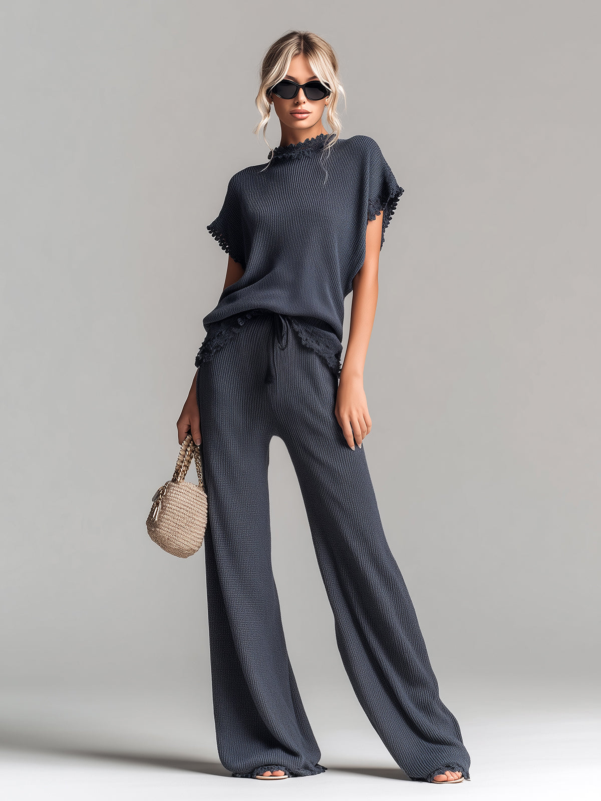 ElevenOra Chic Elegant Dark Gray Round Neck Short-Sleeve Loose-Fit Sweater Wide-Leg Pants Lace Details Ribbed Knit Two-Piece Set