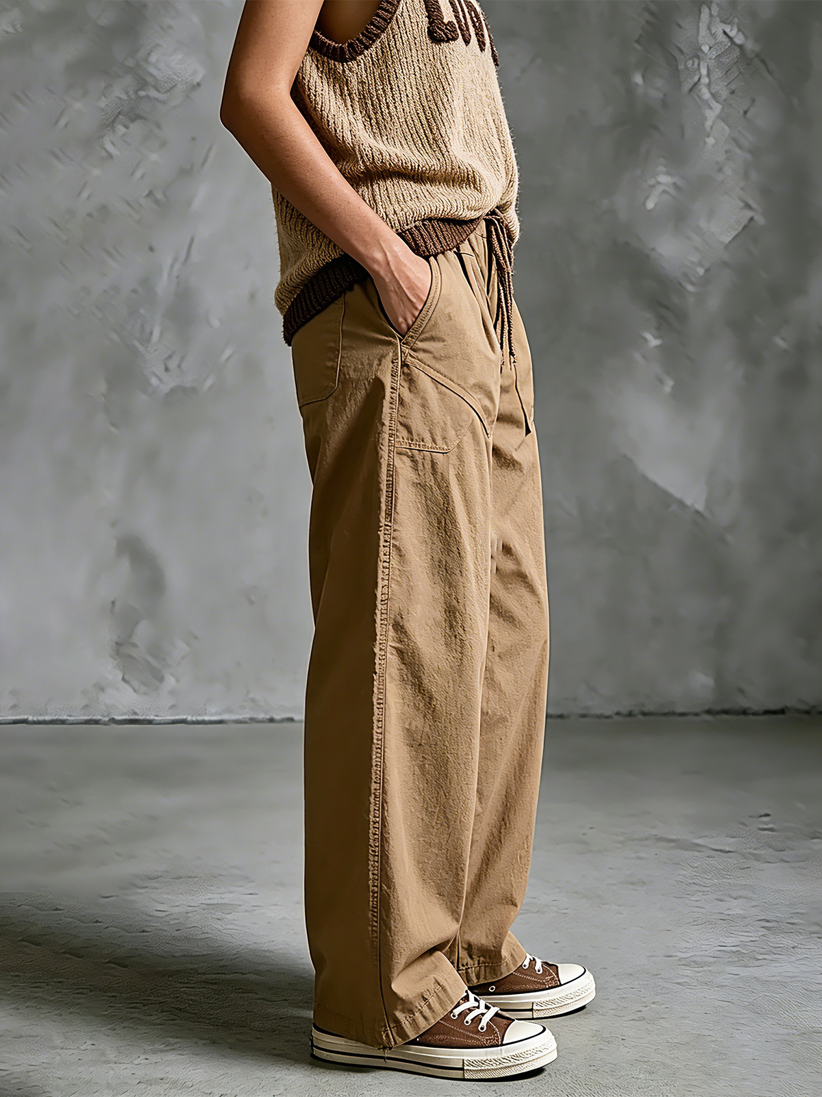 ElevenOra Chic Elegant Camel Waist Drawstring Patch Pocket  Loose-Fit Cotton Blend Wide-Leg Pants