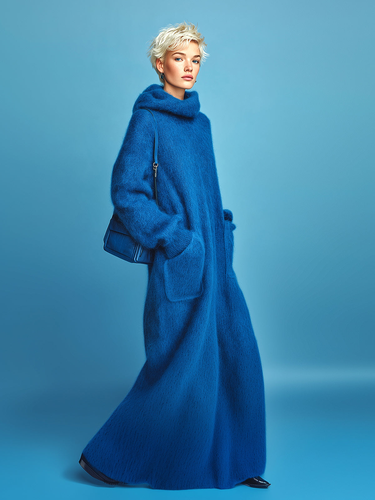 ElevenOra Chic Elegant Royal Blue Oversized Long Sleeve Patch Pockets Fuzzy Knit Hooded Maxi Dress