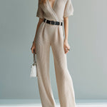 ElevenOra Chic Elegant Beige V-Neck Cross-Front Short-Sleeve Belted Waist Wide-Leg Ribbed Knit Jumpsuit