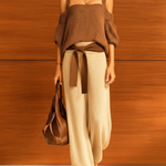 ElevenOra Chic Casual Brown Off-Shoulder Short-Sleeve Loose Sweater Waist Tie Wide-Leg Pants Knit Two-Piece Set