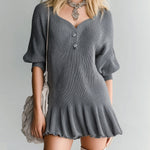 ElevenOra Chic Elegant Gray V-Neck Button-Front Short-Sleeve Pleated Hem Loose-Fit Ribbed Knit Mini Dress