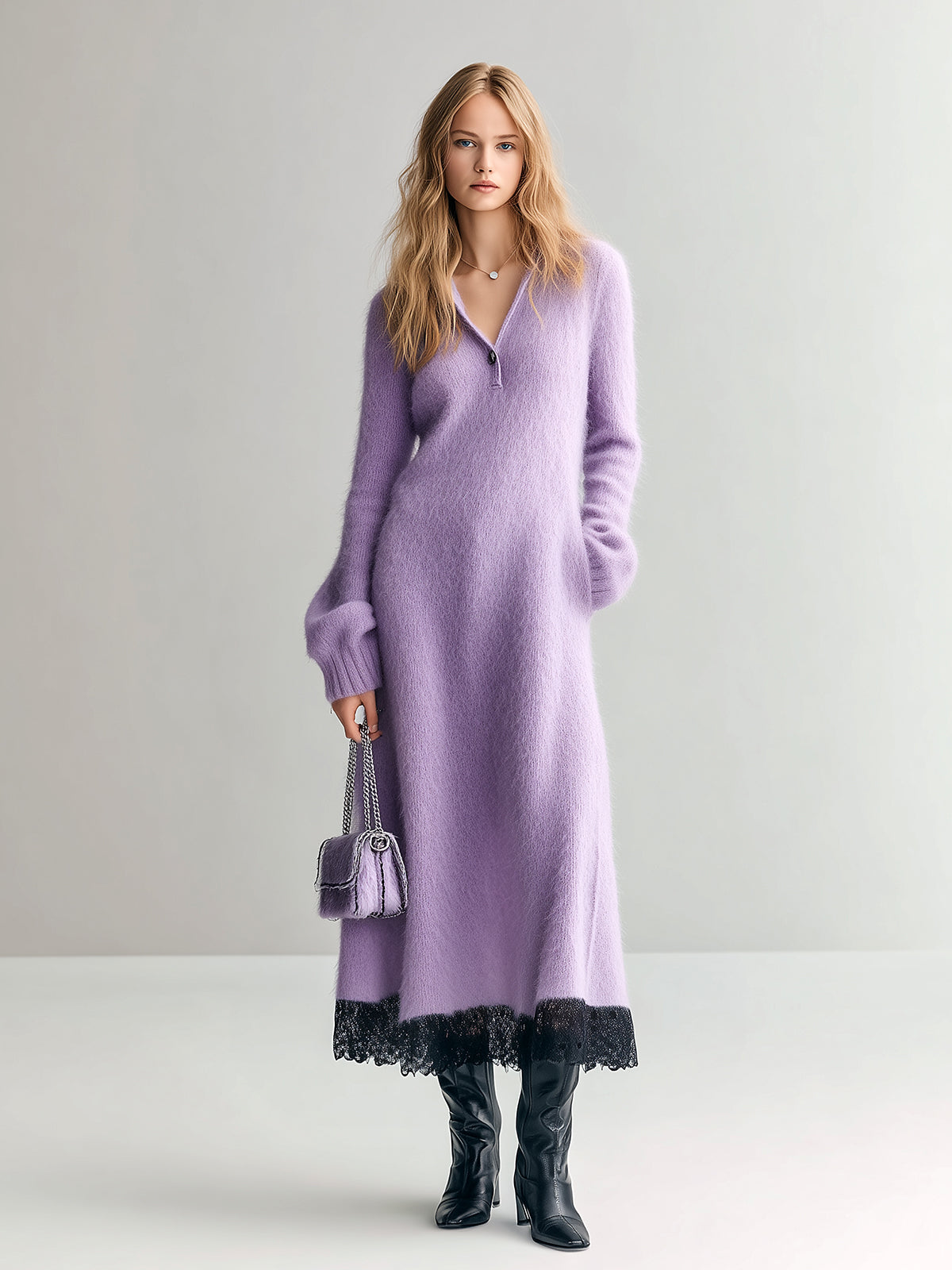 ElevenOra Chic Elegant Lavender Lapel V-Neck Long Sleeve Slim Fit Contrast Lace Hem Knit Maxi Dress
