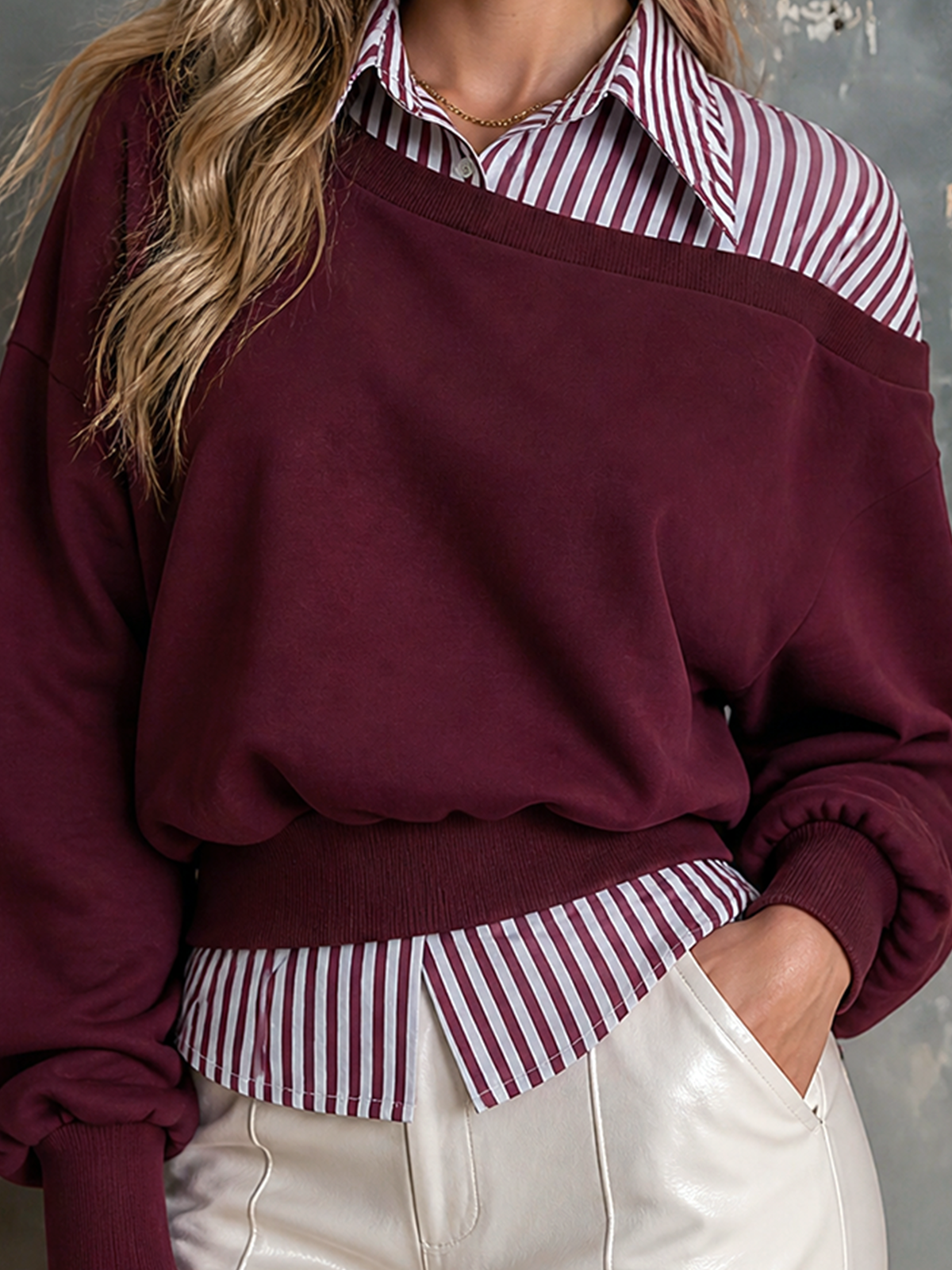 ElevenOra Chic Casual Burgundy Contrast Stripe Off‑Shoulder Faux Two‑Piece Lapel-Collar Long-Sleeve Loose-Fit French Terry Sweatshirt